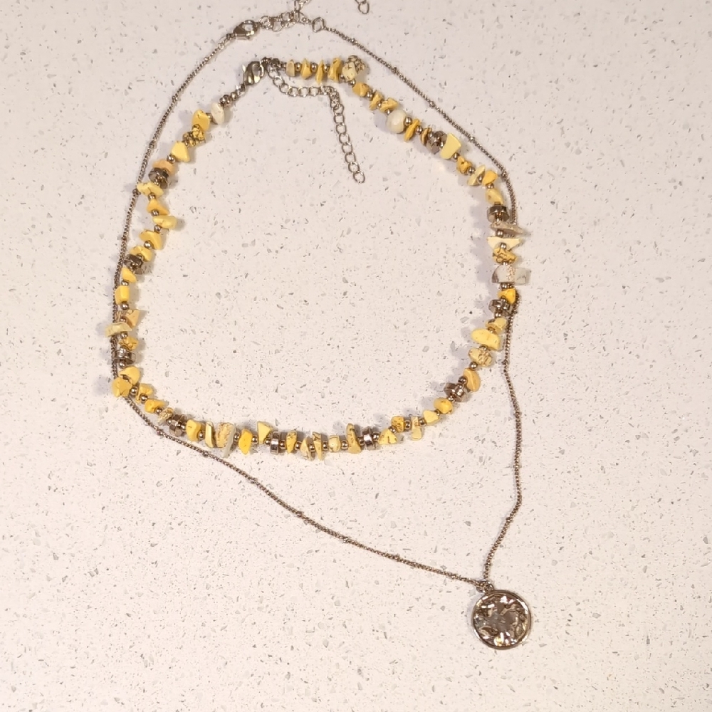 H&M Yellow and Brown Beaded Necklace with Pendant